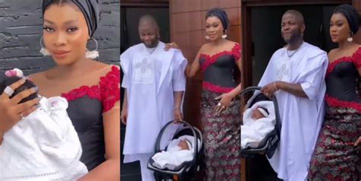 Chacha Eke Gets A Big One On The Cheek From Her Husband As They Dedicate Their Child (Photos)