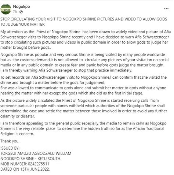 ‘Stop Circulating Your Visit To Nogokpo Shrine’ – Priest of Nogokpo Shrine Warns Afia Schwar & Co