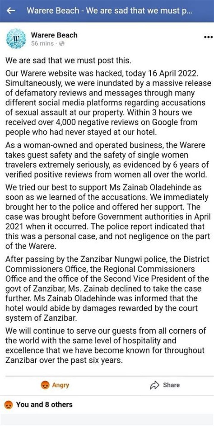 We Received Over 4000 Negative Reviews On Google – Warere Beach Hotel Zanzibar Reacts To Nigerian Lady Claims Of Being Robbed
