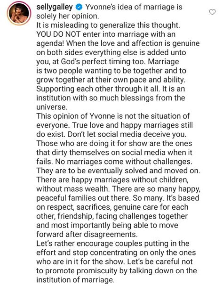 Yvonne Nelson’s Opinion About Marriage Is Misleading – Sally Galley Trashes Yvonne’s Assertion On Marriage